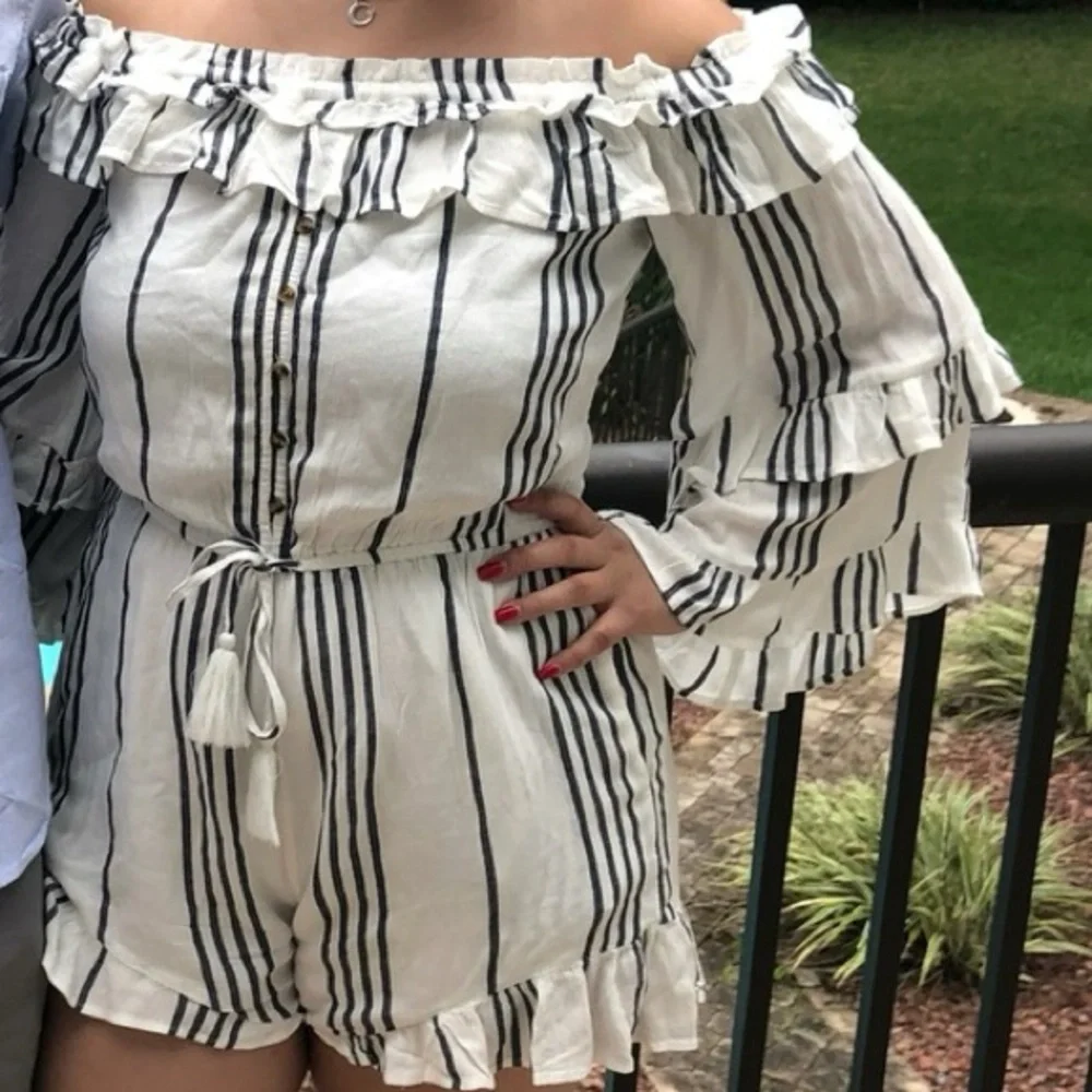 American Eagle Outfitters Off-Shoulder Striped Jumpsuit - White and Blue - Picture 3 of 5